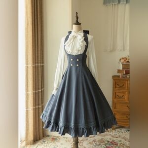 Stripped Pattern Halter Neck with Retro Dress With Stand Collar Long Sleeve SET